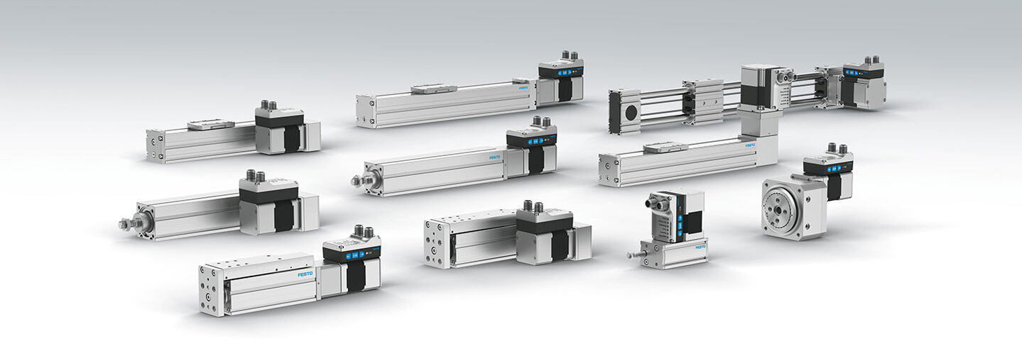 Elektrische Zylinder, Schlitten und Drehantriebe von Festo für elektrische Achsen