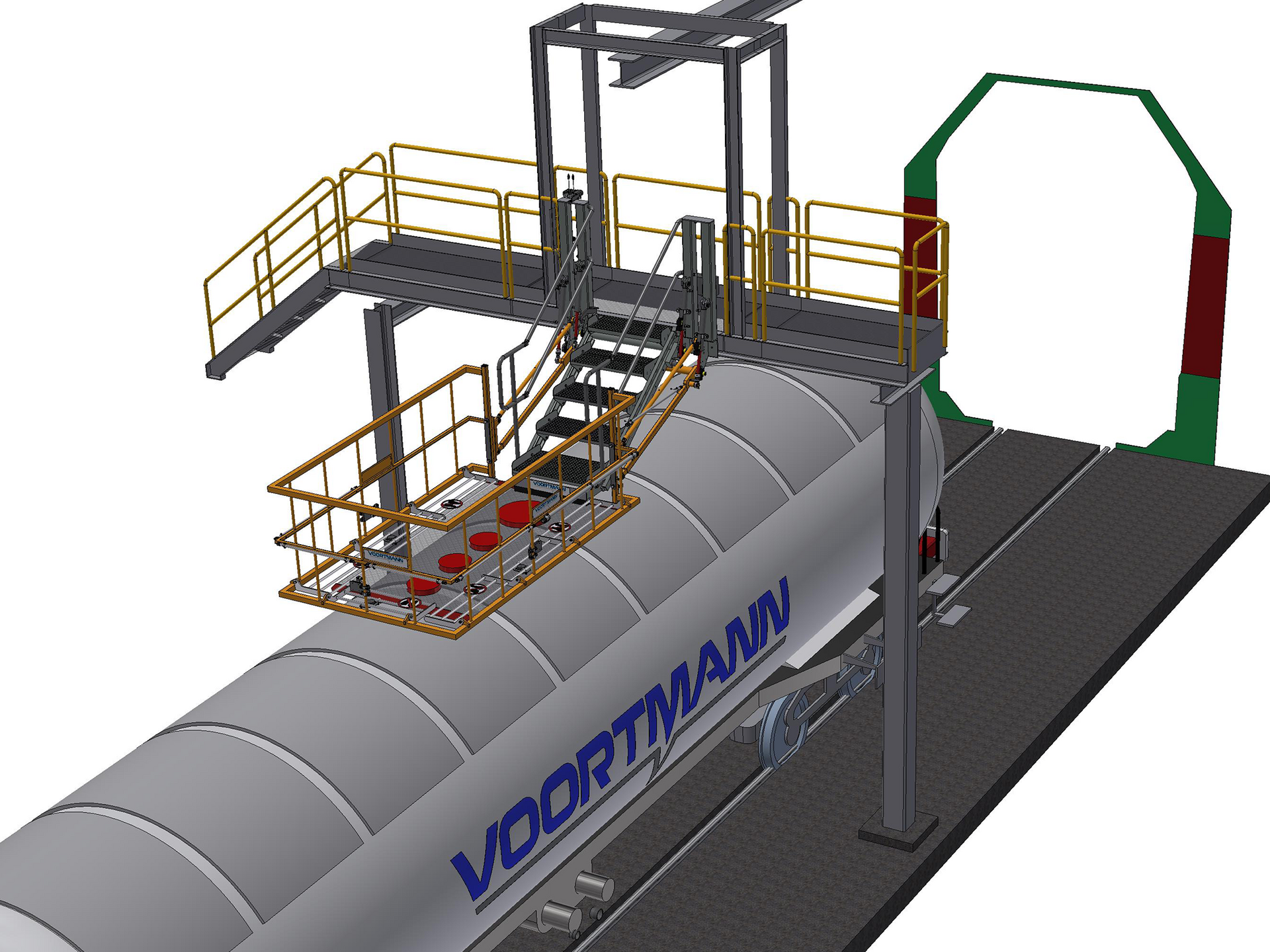 Klapptreppe (Ladebrücke) mit Schutzkorb zur Begehung von Bahnkesselwagen